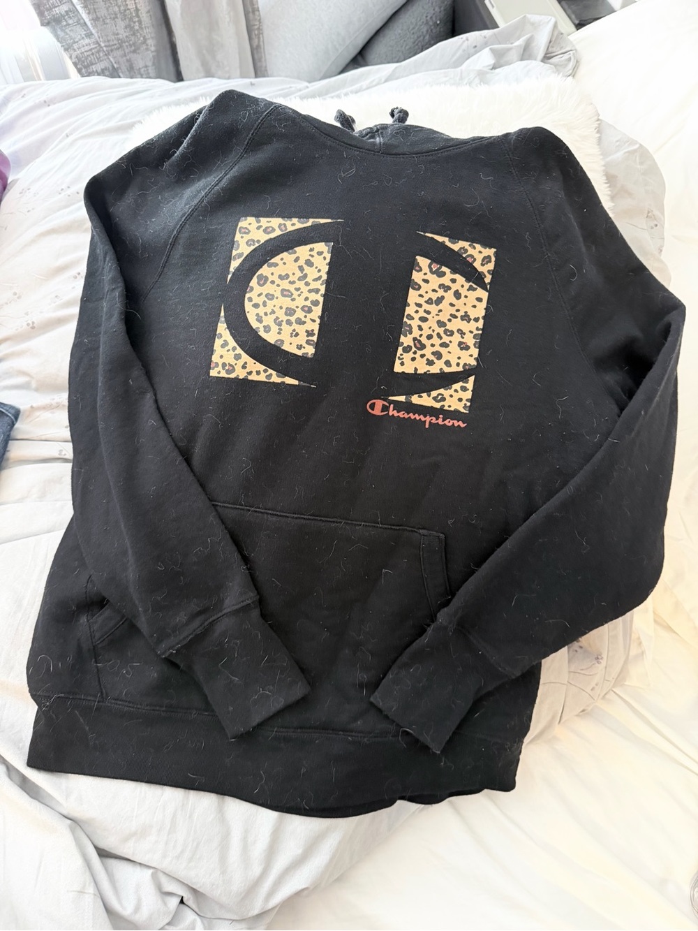 Champion Black Hoodie with Leopard-Print Logo
